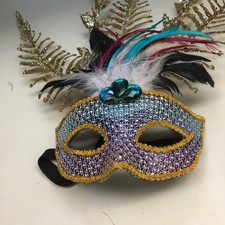 Mardi Gras Masquerade Mask Feather Rhinestone Gold Glitter Halloween Carnival