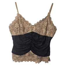 VTG Moda International XL Babydoll Top Lace Ruched Stretch Brown Fairy Y2K