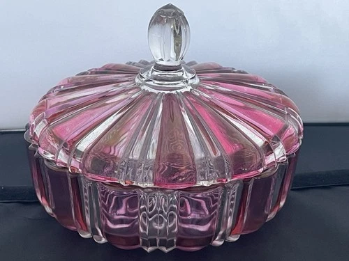 Anchor Hocking Vintage Old Cafe Cranberry/Pink  Striped Glass Candy Dish W/ Lid