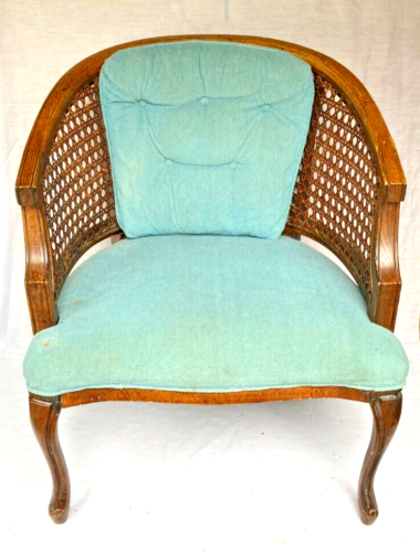 Antique Solid Wood Cane Back Barrel Upholstered Cabriole Leg Arm Chair - Rare! - Picture 2 of 4