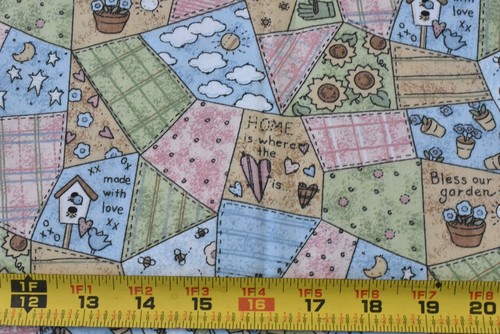 By 1/2 Yd, Vintage, Green Blue & Pink Garden-Theme Patchwork-Print Cotton, P9704