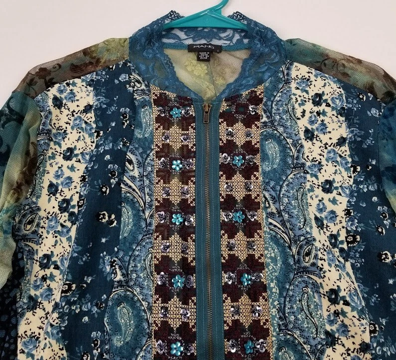 Blusa de piano para mujer grande floral cachemira cremallera completa mangas largas encaje transparente artística Foto 2 de 4