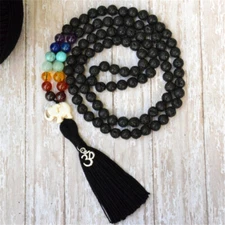 8mm Black Lava Stone 108 Beads 7 Chakras Tassel Necklace Prayer Yoga