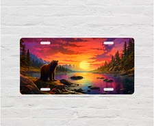 Bear at Sunset River Aluminum Front License Plate Car Accessory Vanity