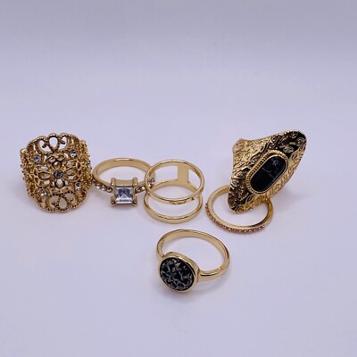 #ad #ad Unbranded Set of 6 Goldtone Rhinestone Black Rings Various Sizes New $12.99