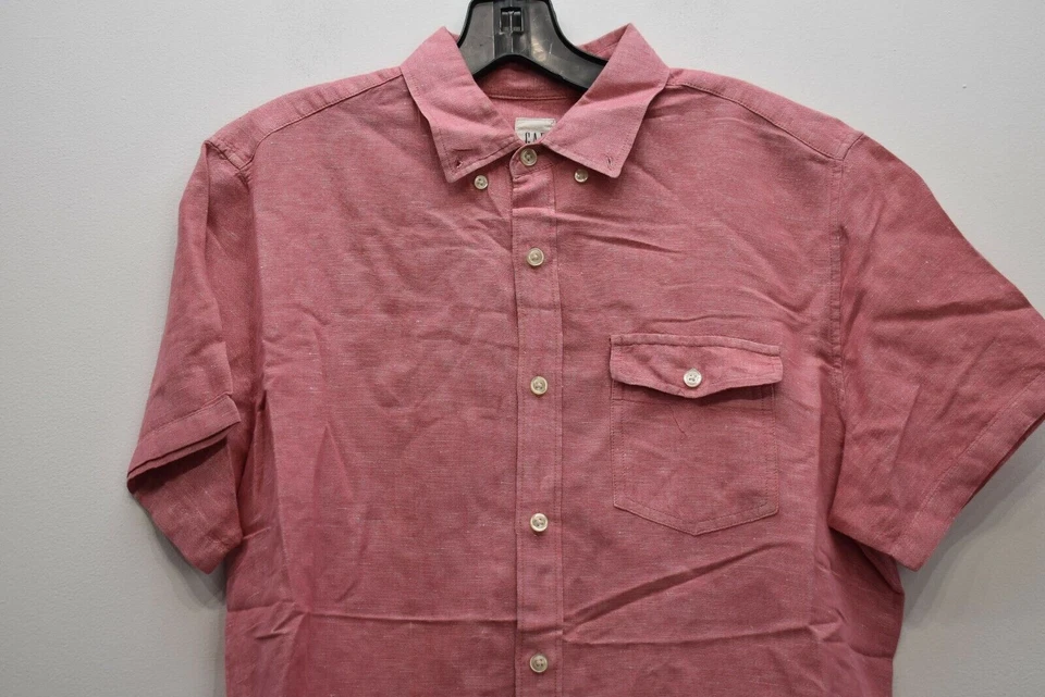 Camisa de vestir profesional Gap para hombre rosa lisa manga corta abotonada mezcla de lino M Foto 3 de 4