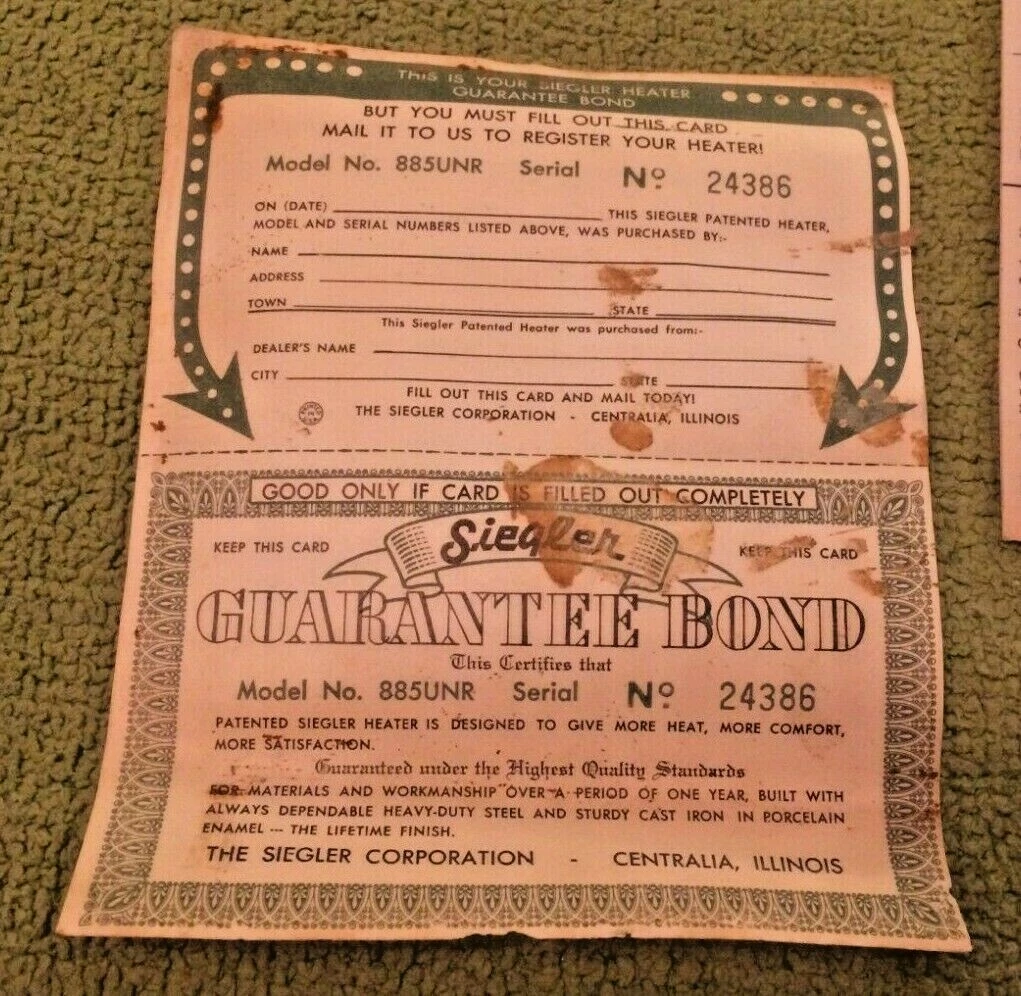 Antique Siegler Gas Heater Instructions u0026amp; Guarantee Bond Paper Model No  885UNR | eBay