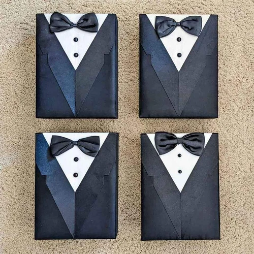 Set of 4 tuxedo suit groomsmen best man unique memorable wedding gift favor box