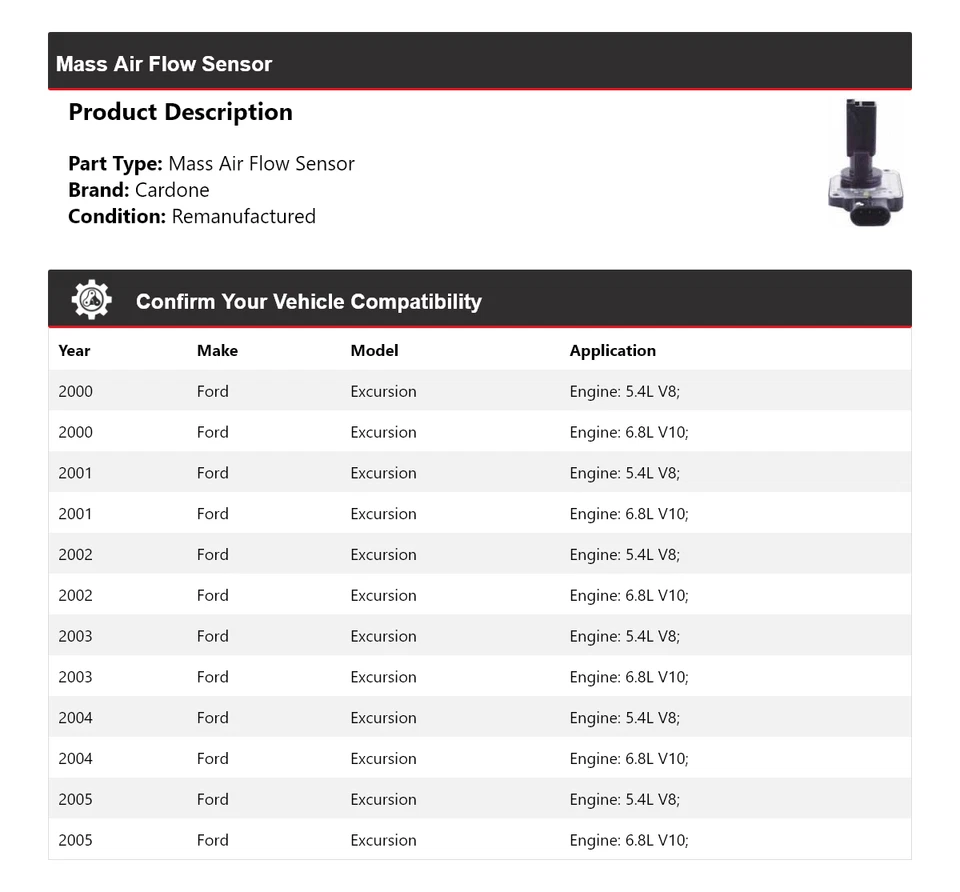 Sensor de flujo de aire de masa Cardone 2001 2002 2003 2004 para Ford Excursion 2000-2005 Foto 2 de 4
