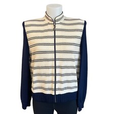 ST. JOHN Collection Striped full zip knit Bomber Jacket / Coat Navy Cream size 6