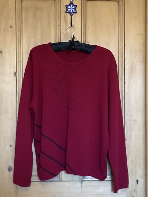 Schöner weicher warmer Pullover rot & schwarz feiner Merinowolle Mix UK12-14 EU40 US8 M