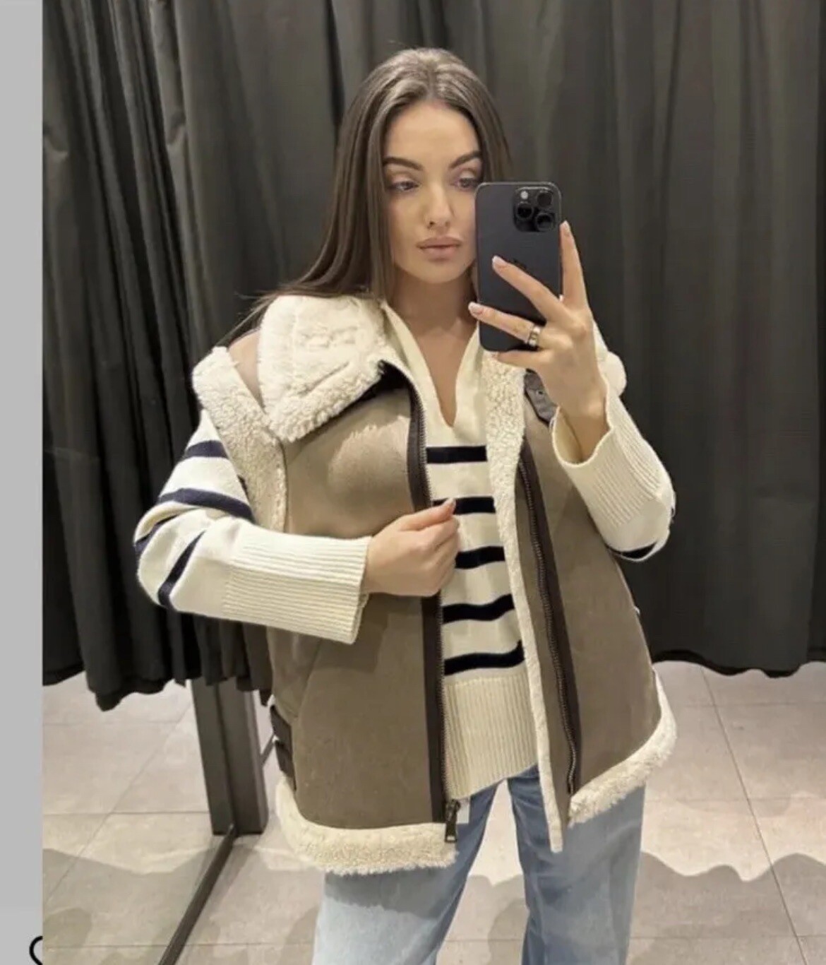 Giacca Aviatore Zara Marrone Contrasto Finta Pelliccia Di Shearling - Foto 3