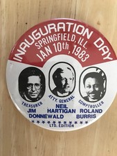 Roland Burris Neil Hartigan Jim Donnewald  1983 Inauguration Button Pin