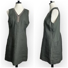 Lina Tomei Sleeveless Linen Dress Summer Italy Beaded Trim Ribbed Sides Sz L NEW