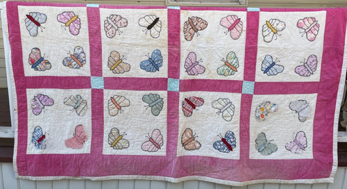 Vgt Primitive Hand Made Purple & White Butterflies Quilt Country Decor 80 X  66
