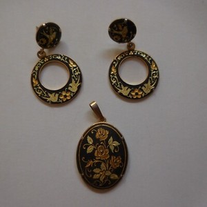 Authentic Earring Pendant Set Rose Gold Plated Engraved Bird Art Nouveau N4150