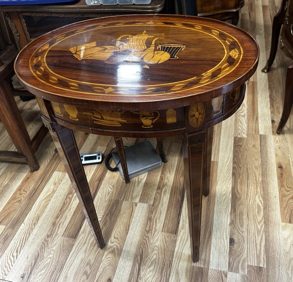 Pair Vintage ITALIAN Venetian Oval Inlaid Two Drawer Side Tables - Image 4 of 4