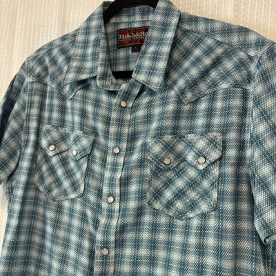 Rock & Roll Cowboy Mens Medium Shirt Short Sleeve Pearl Snap Western Plaid Blue