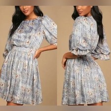 Lulus XS Blue Floral Metallic Striped Pleated Mini Dress Ruffle Sleeve Coquette
