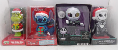 Solar Bobble-Head Lot of 4: Jack Skellington x2, Stitch & The Grinch