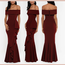 NWT 279 Betsy Adam 4P Carina Long Off Shoulder Ruffle Gown Burgundy S2085