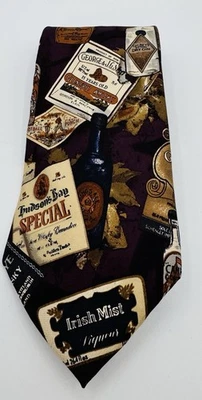 Kenneth Gordon Men's Italian Silk Necktie - Liquor Bottle Label Print 58” L USA - Image 1 of 4