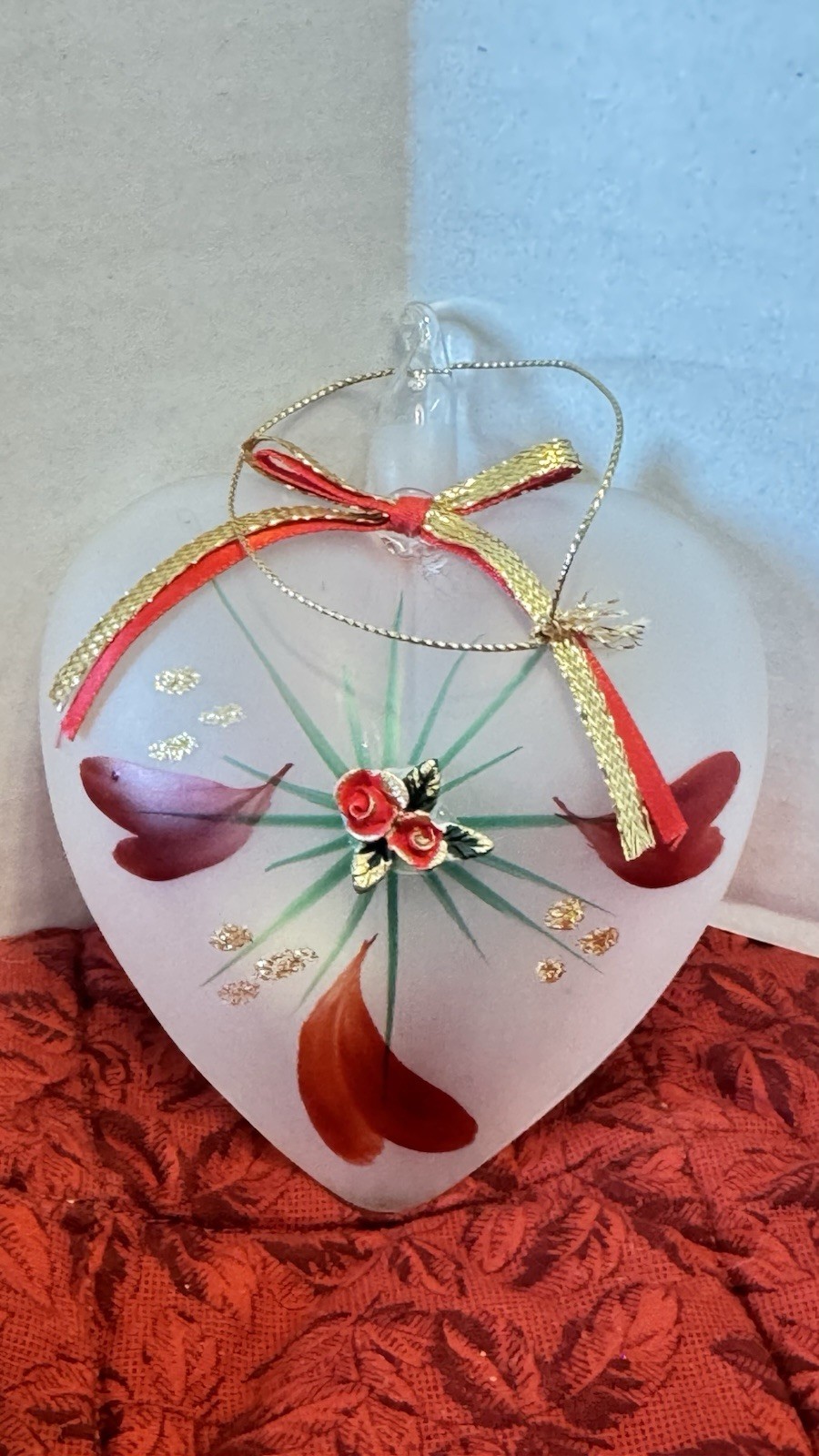 Blown Glass Frosted Heart Ornament With Red Roses Star Good Hand Painted 3D 4
