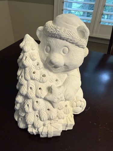 Ready to Paint Christmas Tree w/ Bear, Unfinished Plaster Holiday 9x6x6” Lights