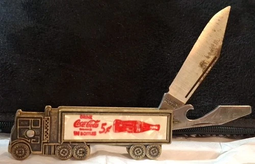 Vintage Coca Cola Pocket Knife 18 Wheeler Semi Truck Brass Colonial Made In USA