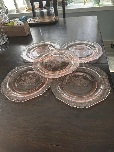 Set Of 5 VTG Hazel Atlas Pink Depression Glass Florentine Poppy 9.75 Inch Plates