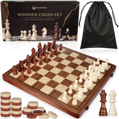 2 in 1 Wooden Chess and Checkers Set - Folding Magnetic Board with... 