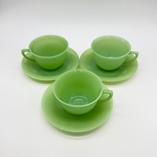Vtg Fire King Jadeite Jane Ray Cups & Saucers Set Of 3 Ribbed Anchor Hocking