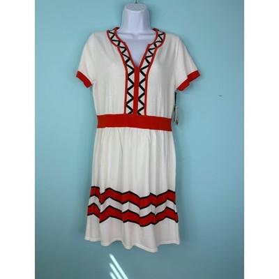 Milly of New York White Orange Chevron Knit Dress Short Sleeve V-Neck Large $280