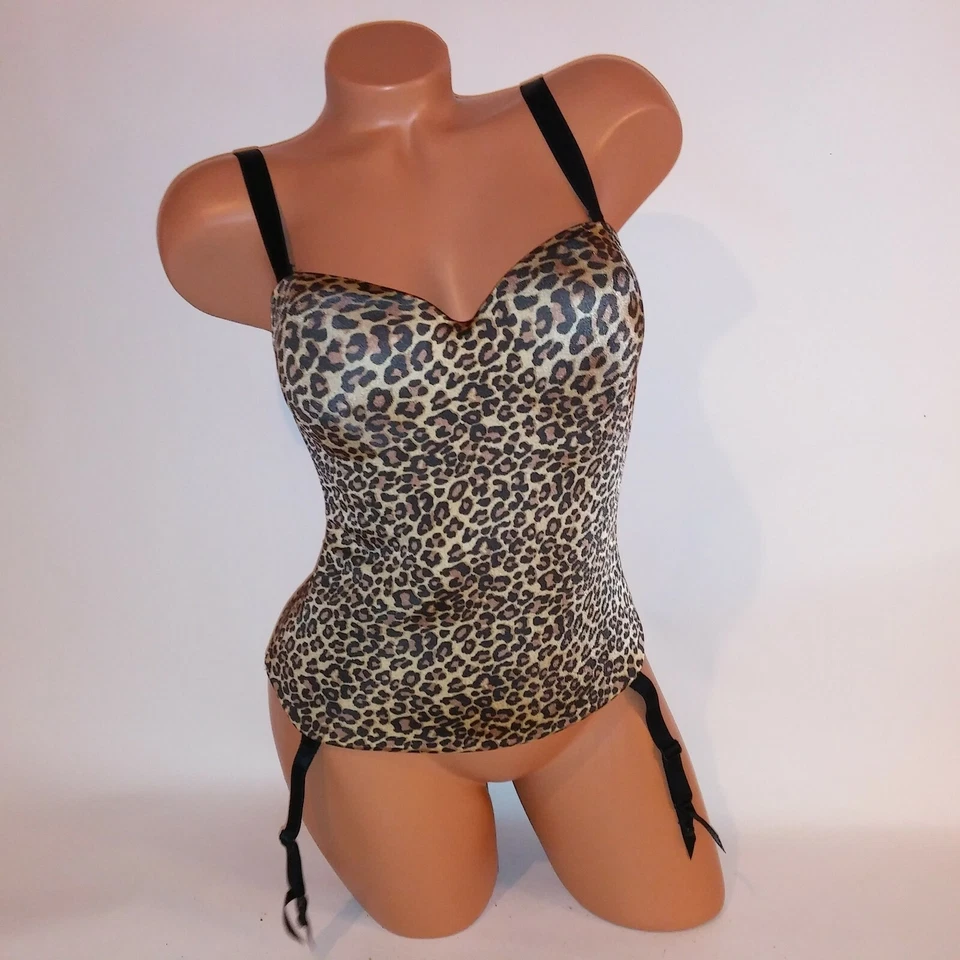 Lingerie Crownette Bustier Espartilho Alças de Liga Preto Bronzeado Estampa de Leopardo Animal - Imagem 2 de 4