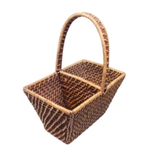VTG Woven Caddy Basket Wicker UTENSIL HOLDER Organizer w Handle 2 Compartments