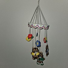 VTG Handmade Canvas Brown Teddy Bear Hanging Baby Mobile Flowers Nursery Decor