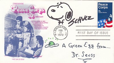 Charles Schulz and Dr. Seuss - Signed First Day Cover with Great Added Artwork