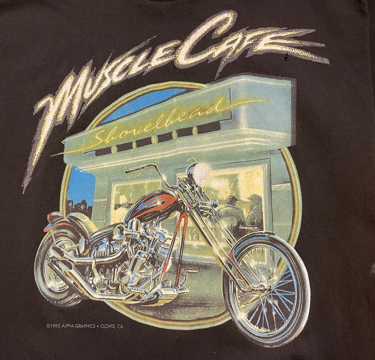 Vtg 90s 1995 Muscle Cafe Shovelhead Biker T-Shirt Size XL Made In 