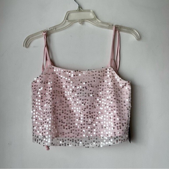 Revolve H:ours Kristen Silver Pink Sequin Crop Tie Shoulder Tank Top XS NWT