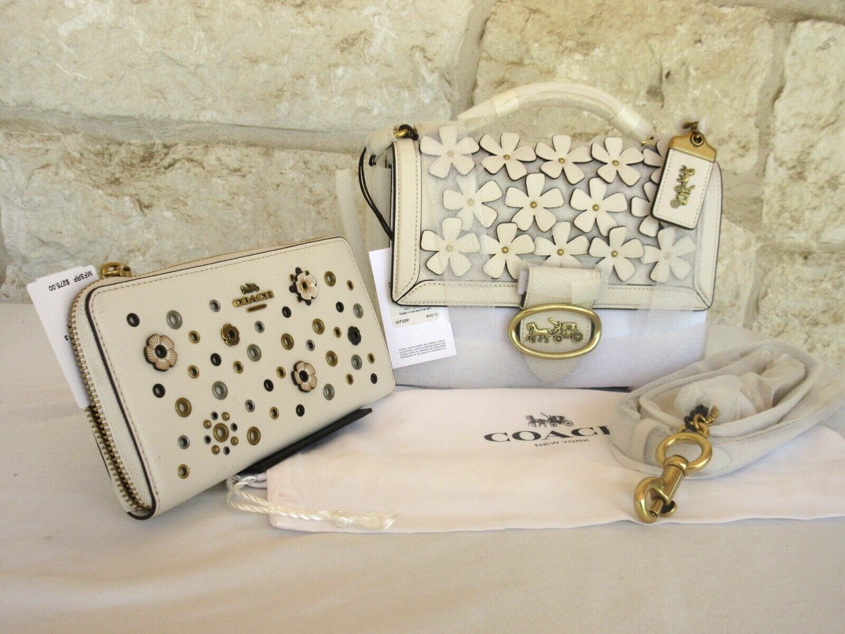 COACH 2-pc RILEY Top Handle 22 FLORAL Appliqué + Wallet CHALK Tea