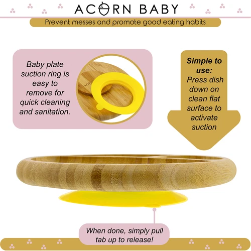 Acorn Baby Bamboo Toddler Plates with Spoon in Yellow - Baby Plates with Suction - Picture 5 of 8