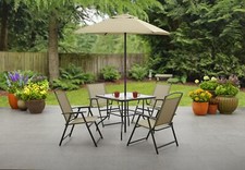Patio Dining Set 6-Piece Outdoor Tan Table and Chairs Umbrella Garden Backyard
