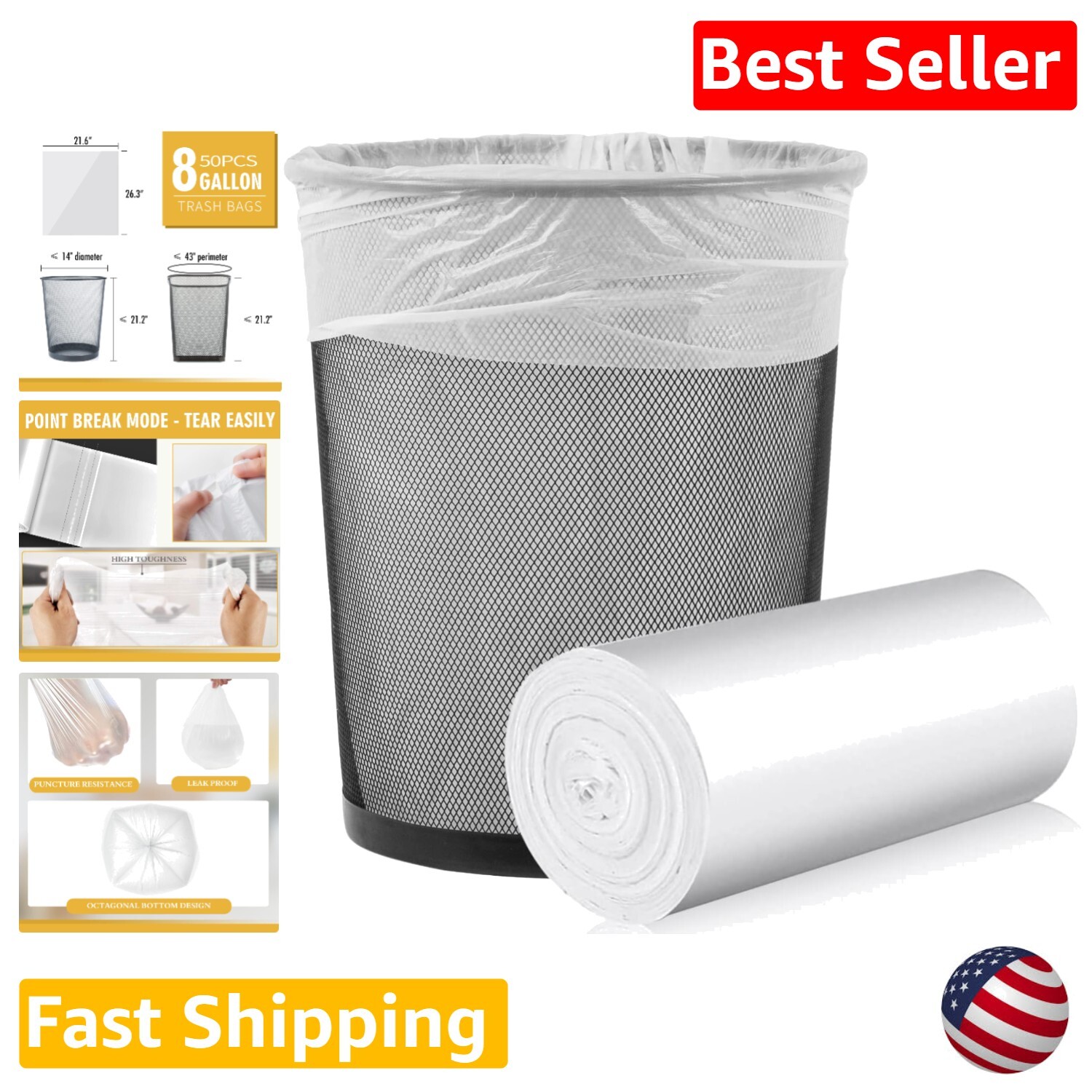 6-8 Gallon White Trash Bags - Bathroom, Bedroom, Office - Unscented - 50 Count