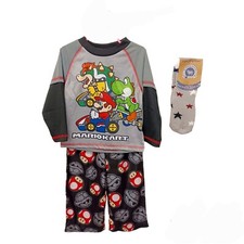 Mario Kart Pajama Set 4 Boys 2 Pc w/Sherpa Lined Slipper Socks Thermal Sleeves