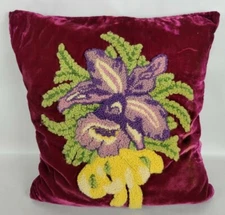 Vintage Mid Century Burgundy Velvet Purple Daffodil Flower Embroidered Pillow