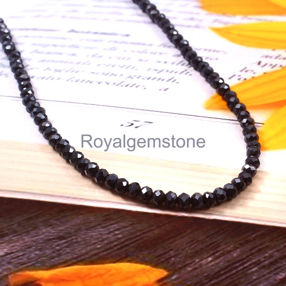 Nera Naturale Spinello Sfaccettato Tondo Nero Taglio Diamante Perle 3mm Rondella - Immagine 2 di 4