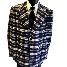 Vtg 70's Sears Sport Coat Blue Red TARTAN Jacket Mod Plaid DISCO Blazer