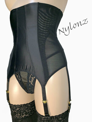 NYLONZ 'Vixen' Vintage Style Waspie / Cincher Black - 6 Strap GOLD Suspenders