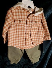 Carter's Baby Boy's Size 6mos 2-Pc Set Plaid Button Down Hooded Shirt  Joggers