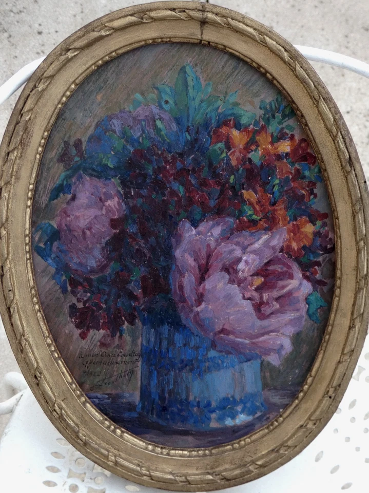 BEL IMPRESSIONNISTE 1920...BOUQUET DE FLEURS, PIVOINES & POT BLEU...SIGNÉ ? - Photo 4/4